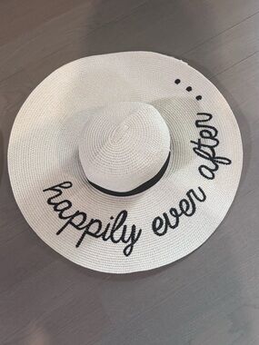 BRAND NEW Wide Brim Straw Sun Hat - "happily ever after" - White with Black Trim